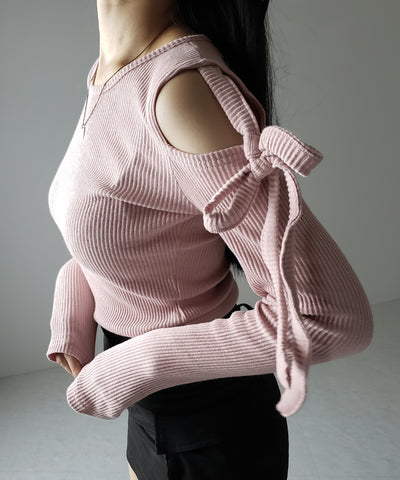 【 ３color 】カットアウトショルダーリボンリブトップス ／ Cut-out shoulder ribbon rib tops