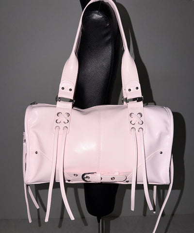 【 ショルダーストラップ付き２WAY 】レースアップベルテッドフリンジボストンショルダーバッグ／lace up belted fringe boston shoulder bag