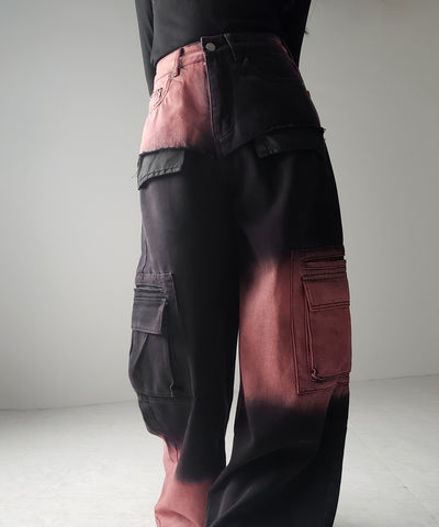 【 ２color ／４size 】ブロッキングバイカラーオーバーダイワイドデニム ／ blocking bicolor overdye wide denim