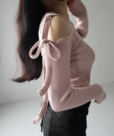 【 ３color 】カットアウトショルダーリボンリブトップス ／ Cut-out shoulder ribbon rib tops