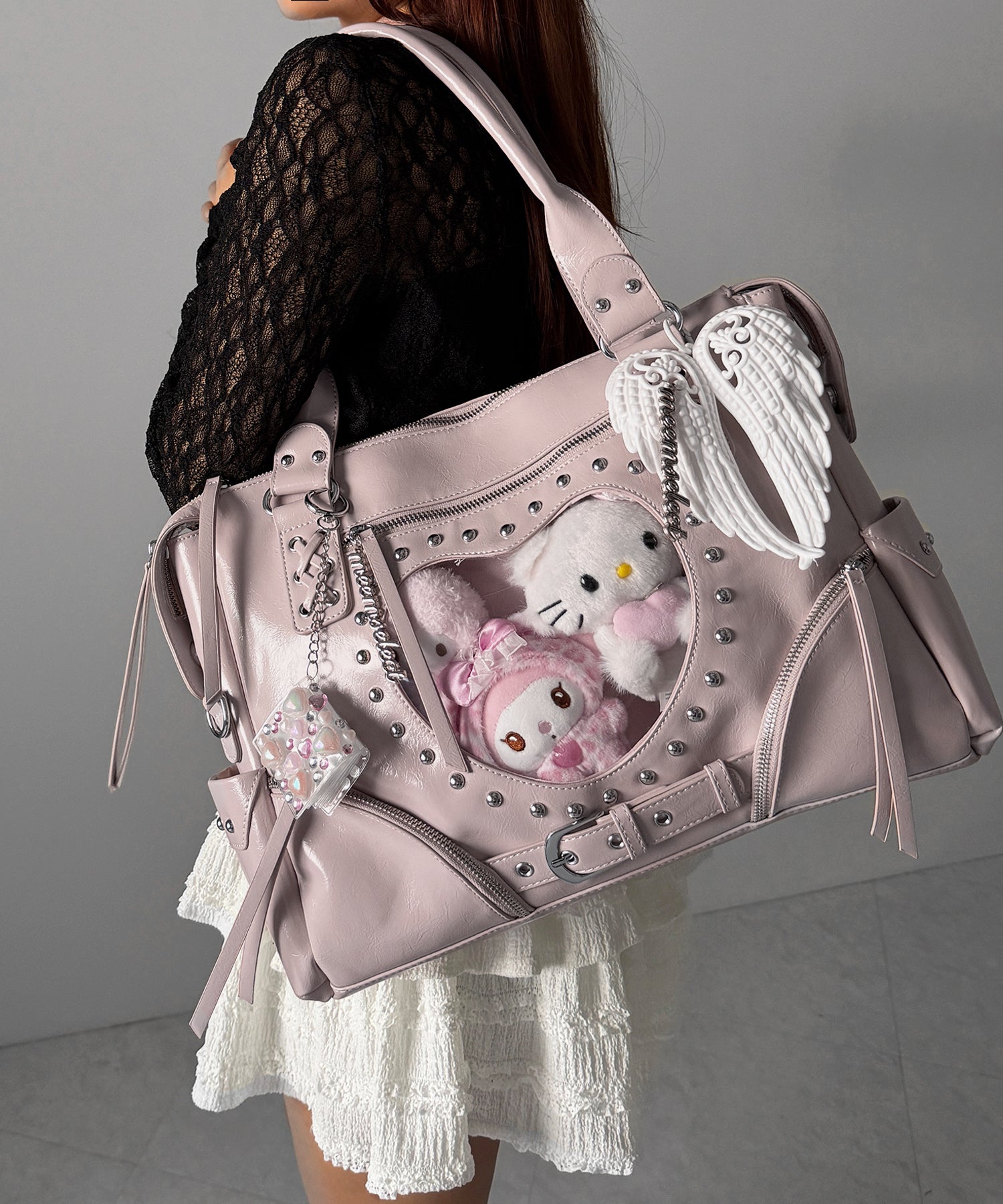 【 限定先行販売 】ハートクリアポケットスタッズフェイクレザートートバッグ ／ heart clear pocket studs fake leather tote bag