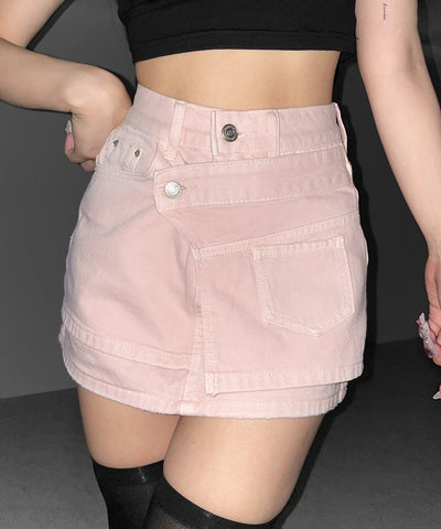 【 インパン裏地付き 】ヴィンテージピンクレイヤードデニムミニスカート ／ vintage pink denim mini skirt