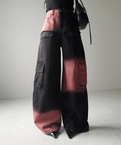 【 ２color ／４size 】ブロッキングバイカラーオーバーダイワイドデニム ／ blocking bicolor overdye wide denim