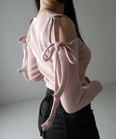 【 ３color 】カットアウトショルダーリボンリブトップス ／ Cut-out shoulder ribbon rib tops