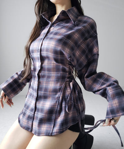 レースアップリボンスリムラインチェックネルシャツ ／ lace up ribbon slim line check flannel shirt