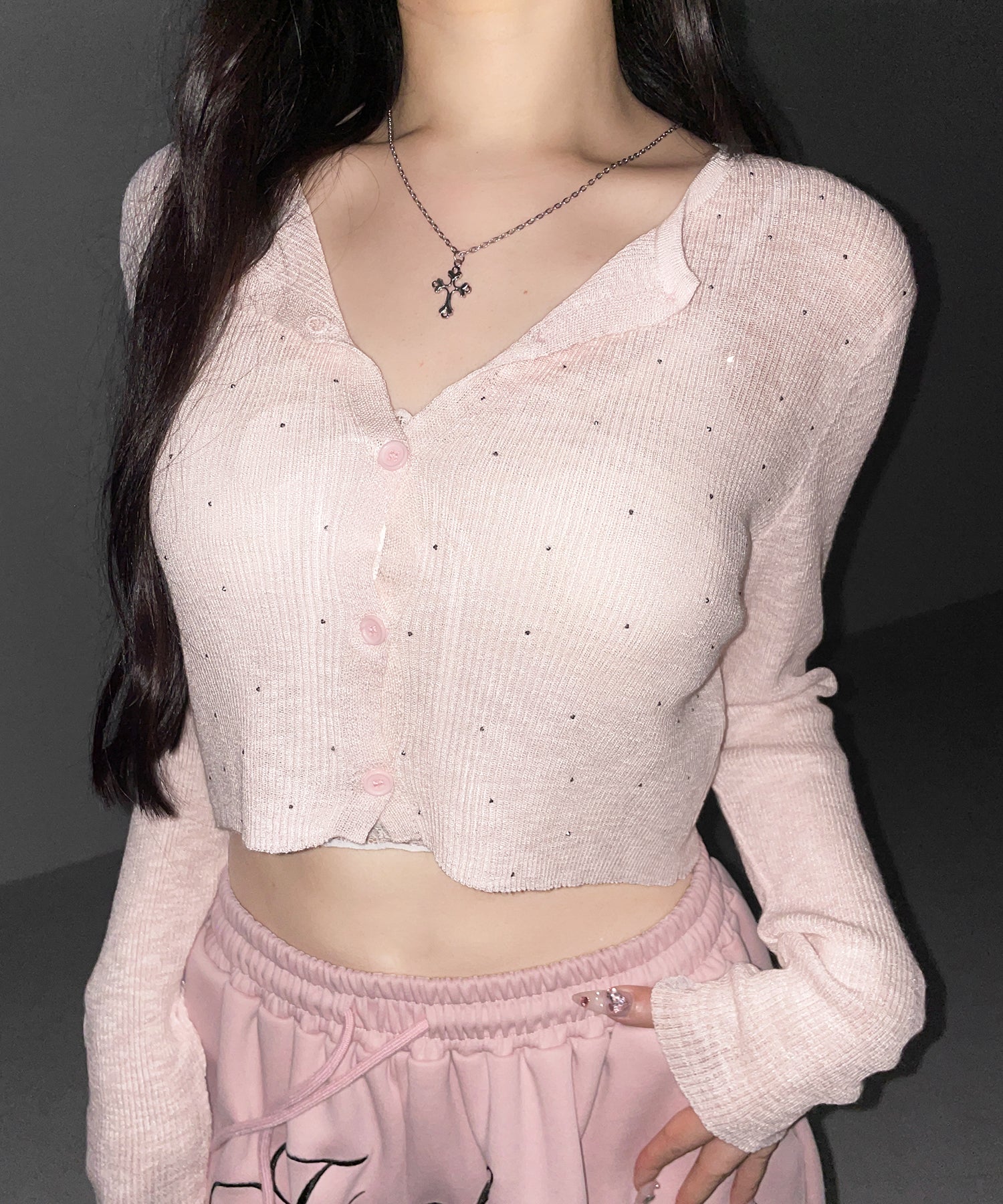 ラインストーンシアーニットカーディガン ／ Rhine stone sheer knit cardigan