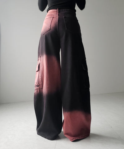【 ２color ／４size 】ブロッキングバイカラーオーバーダイワイドデニム ／ blocking bicolor overdye wide denim