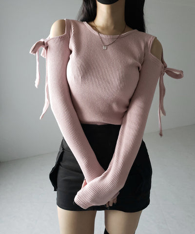 【 ３color 】カットアウトショルダーリボンリブトップス ／ Cut-out shoulder ribbon rib tops