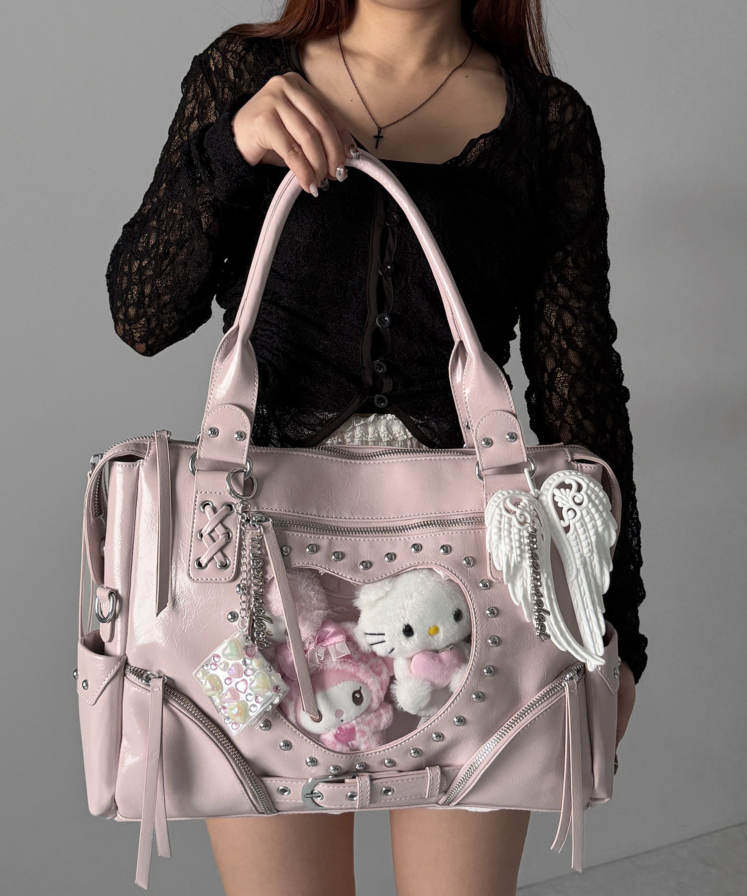 【 限定先行販売 】ハートクリアポケットスタッズフェイクレザートートバッグ ／ heart clear pocket studs fake leather tote bag
