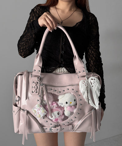【 限定先行販売 】ハートクリアポケットスタッズフェイクレザートートバッグ ／ heart clear pocket studs fake leather tote bag