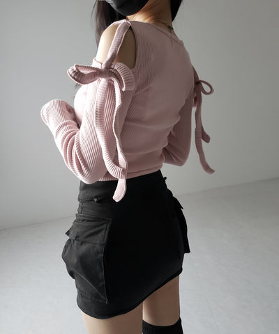 【 ３color 】カットアウトショルダーリボンリブトップス ／ Cut-out shoulder ribbon rib tops
