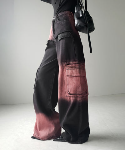 【 ２color ／４size 】ブロッキングバイカラーオーバーダイワイドデニム ／ blocking bicolor overdye wide denim