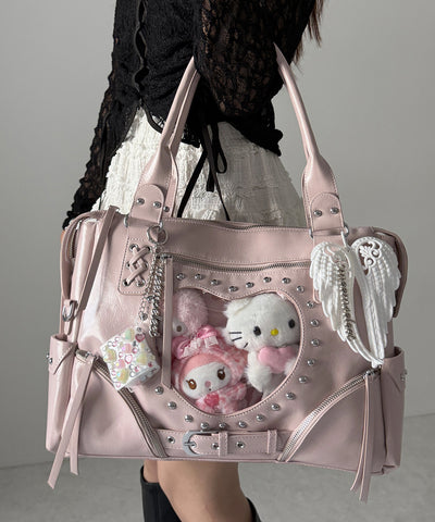 【 限定先行販売 】ハートクリアポケットスタッズフェイクレザートートバッグ ／ heart clear pocket studs fake leather tote bag