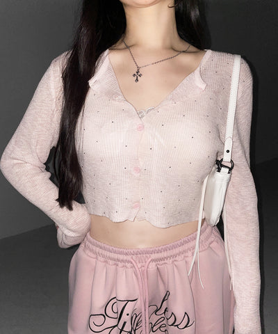 ラインストーンシアーニットカーディガン ／ Rhine stone sheer knit cardigan