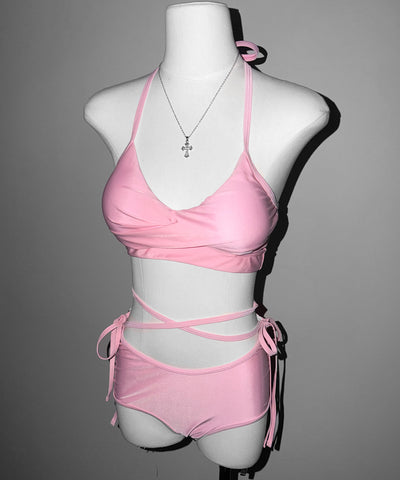【 レディース水着 】ウエストクロスリボンホルターセパレートビキニ ／ waist cross ribbon halter separate bikini