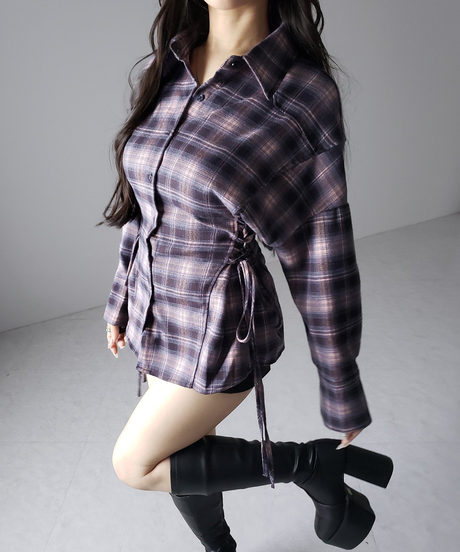 レースアップリボンスリムラインチェックネルシャツ ／ lace up ribbon slim line check flannel shirt