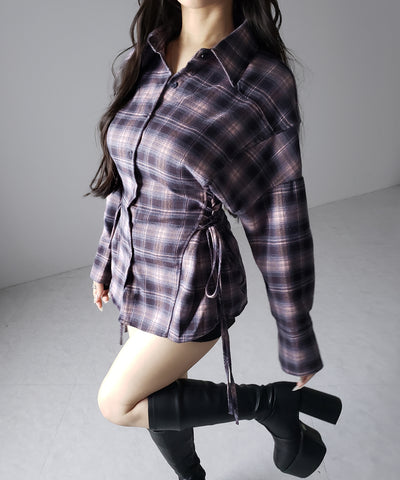 レースアップリボンスリムラインチェックネルシャツ ／ lace up ribbon slim line check flannel shirt