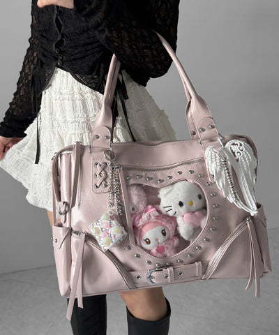 【 限定先行販売 】ハートクリアポケットスタッズフェイクレザートートバッグ ／ heart clear pocket studs fake leather tote bag