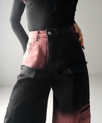 【 ２color ／４size 】ブロッキングバイカラーオーバーダイワイドデニム ／ blocking bicolor overdye wide denim