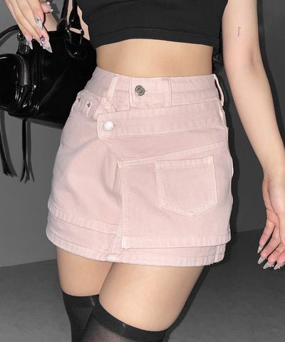 【 インパン裏地付き 】ヴィンテージピンクレイヤードデニムミニスカート ／ vintage pink denim mini skirt