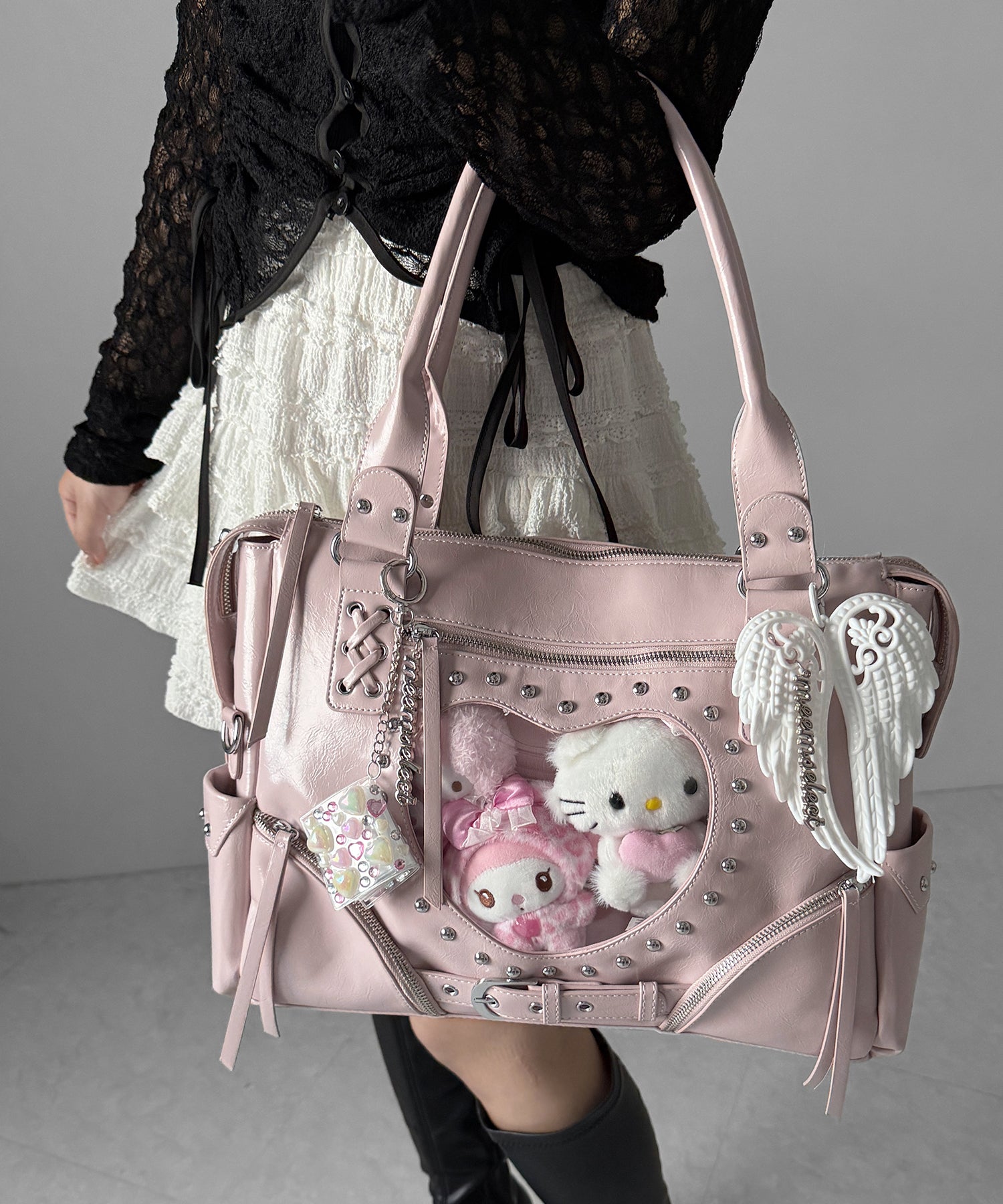 【 限定先行販売 】ハートクリアポケットスタッズフェイクレザートートバッグ ／ heart clear pocket studs fake leather tote bag