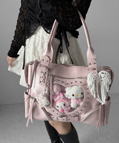 【 限定先行販売 】ハートクリアポケットスタッズフェイクレザートートバッグ ／ heart clear pocket studs fake leather tote bag