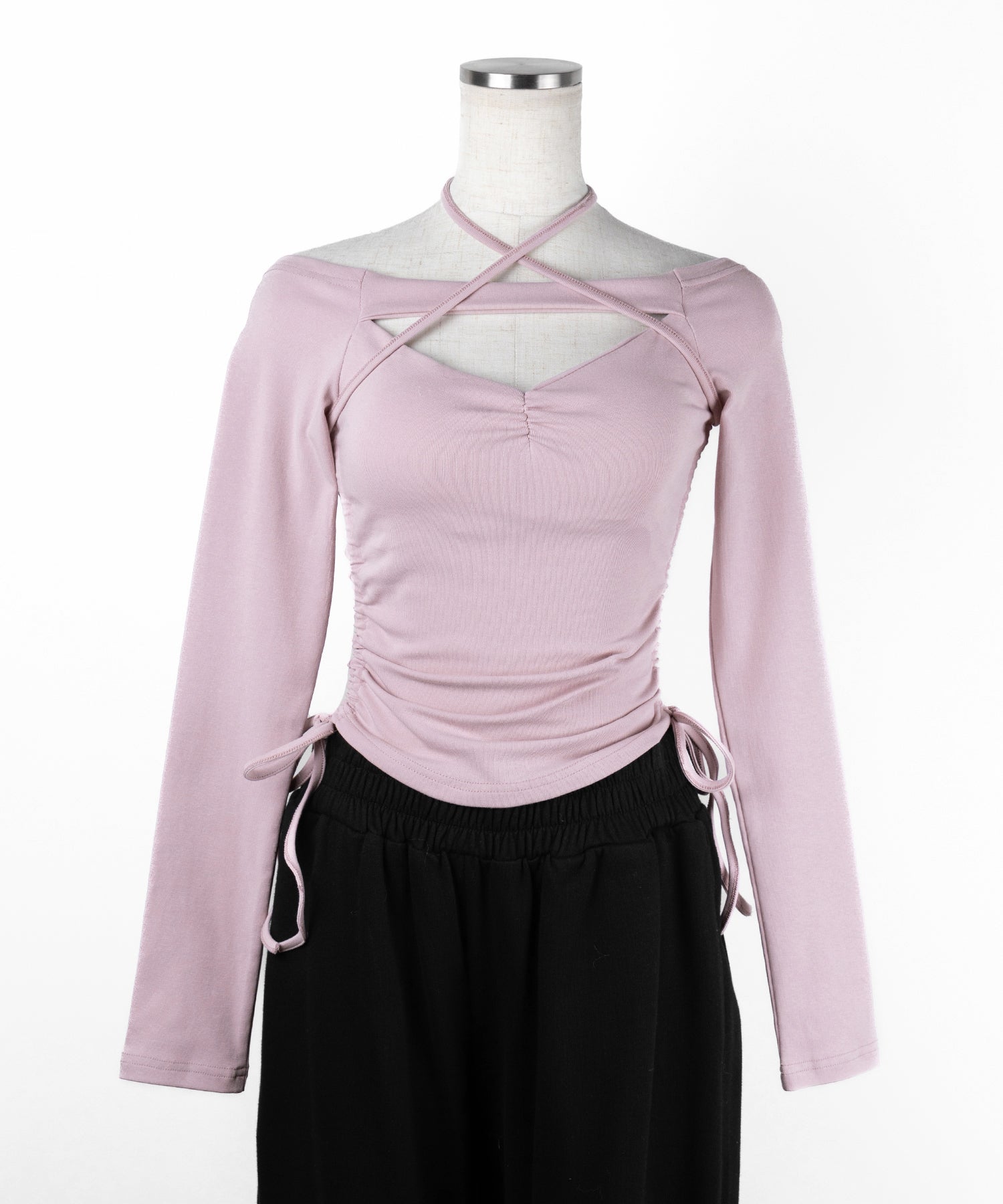 【 新色ピンク追加！ ／ ２WAY 】クロスストラップリボンカットアウトオフショルトップス ／ cross strap ribbon cutout offshoulder tops