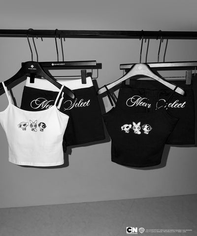 【THE POWERPUFF GIRLS】SETUP パワーパフガールズスクエアネックスリムキャミソール＆レタリングロゴショートパンツ / square neck slim camisole & lettering logo short pants