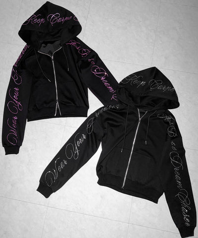 【 セットアップ可能 】ラインストーンロゴダブルジップパーカー ／ Rhine stone logo double zip hoodie