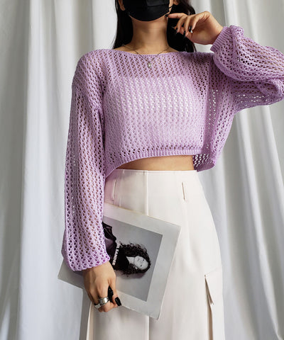 【 ７color 】ショート丈メッシュクロシェ透かし編みニット