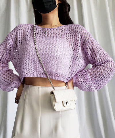 【 ７color 】ショート丈メッシュクロシェ透かし編みニット
