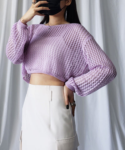 【 ７color 】ショート丈メッシュクロシェ透かし編みニット