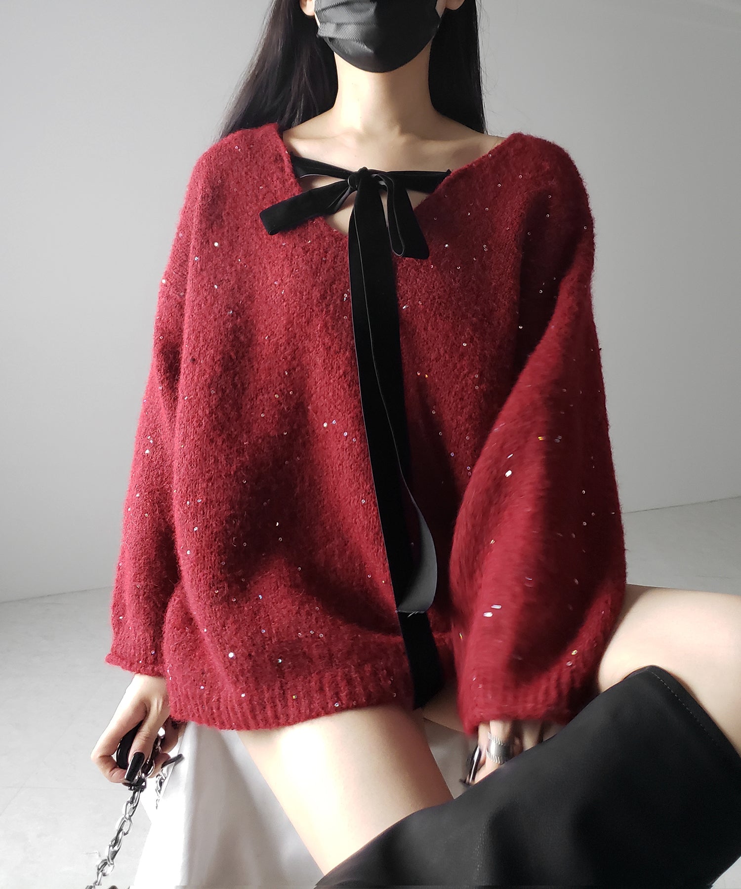 【 ２WAY 】ベロアリボンスパングルオーバーニット ／ velor ribbon spangle over knit