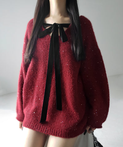 【 ２WAY 】ベロアリボンスパングルオーバーニット ／ velor ribbon spangle over knit