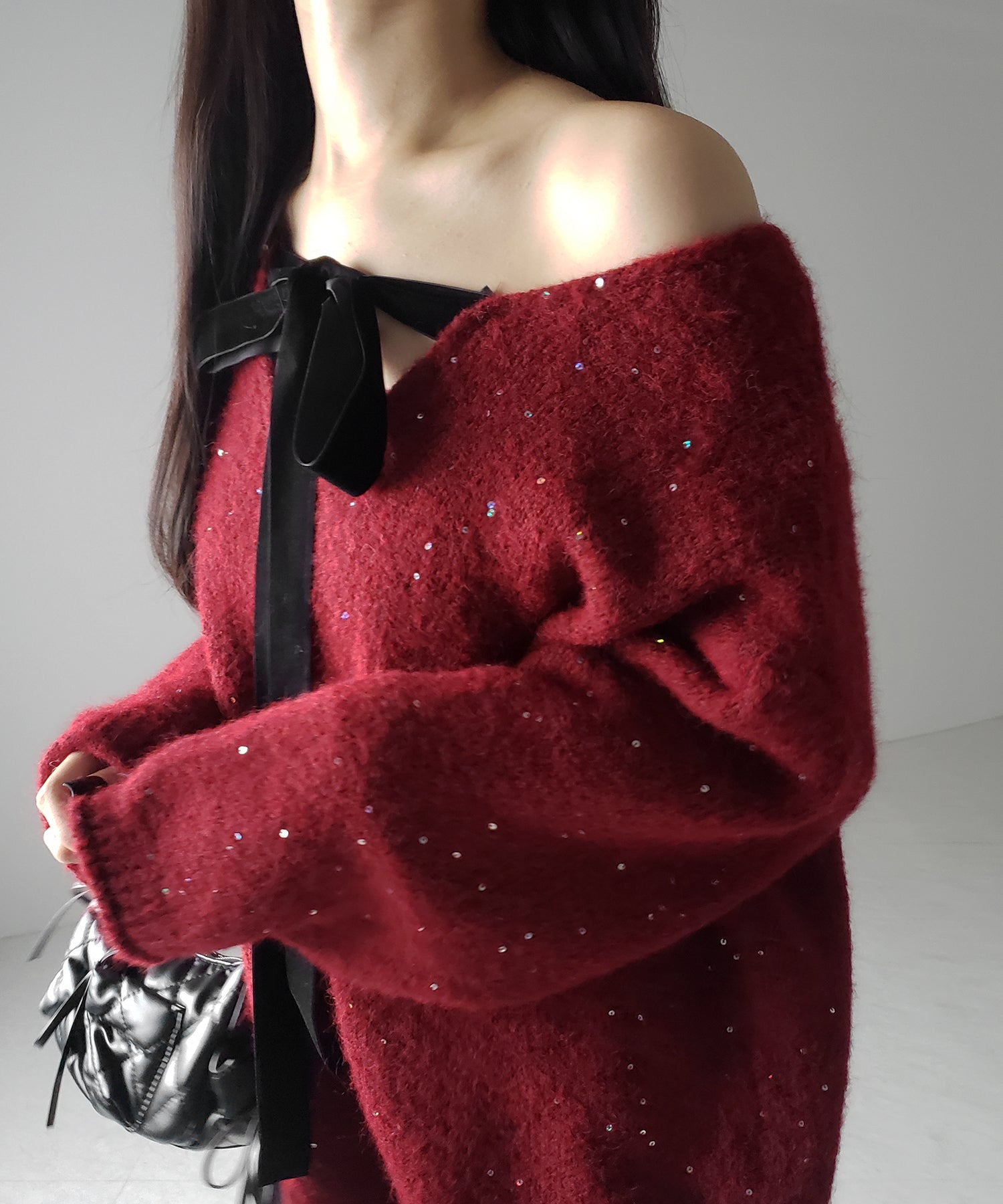 【 ２WAY 】ベロアリボンスパングルオーバーニット ／ velor ribbon spangle over knit