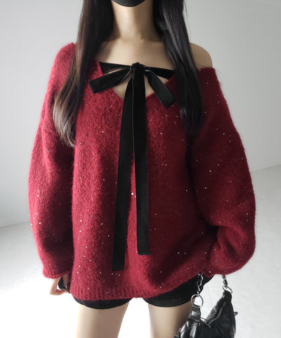 【 ２WAY 】ベロアリボンスパングルオーバーニット ／ velor ribbon spangle over knit