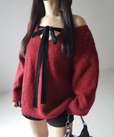 【 ２WAY 】ベロアリボンスパングルオーバーニット ／ velor ribbon spangle over knit
