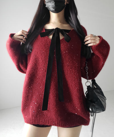【 ２WAY 】ベロアリボンスパングルオーバーニット ／ velor ribbon spangle over knit