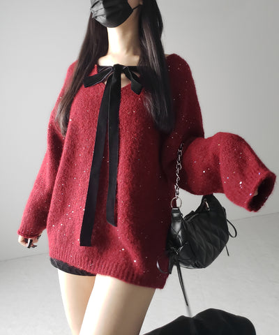 【 ２WAY 】ベロアリボンスパングルオーバーニット ／ velor ribbon spangle over knit