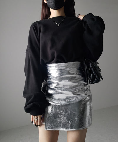 【 ３color ／４size 】３タックメタリックスリットハイウエストタイトミニスカート ／ three tuck metallic slit highwaist tight mini skirt