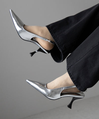 【 ２color 】ポインテッドトゥチャンキーヒールメタリックミュール ／ pointed toe chunky heel metallic mules