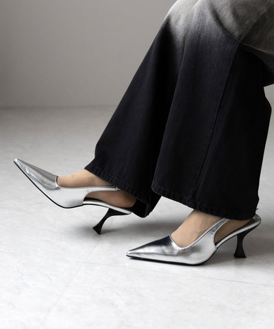 【 ２color 】ポインテッドトゥチャンキーヒールメタリックミュール ／ pointed toe chunky heel metallic mules