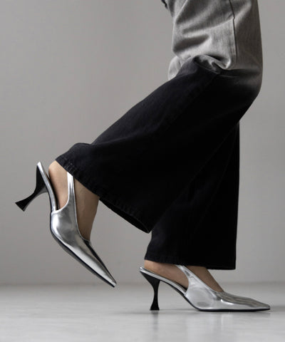 【 ２color 】ポインテッドトゥチャンキーヒールメタリックミュール ／ pointed toe chunky heel metallic mules