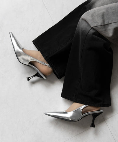 【 ２color 】ポインテッドトゥチャンキーヒールメタリックミュール ／ pointed toe chunky heel metallic mules