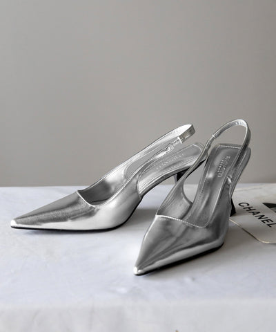 【 ２color 】ポインテッドトゥチャンキーヒールメタリックミュール ／ pointed toe chunky heel metallic mules