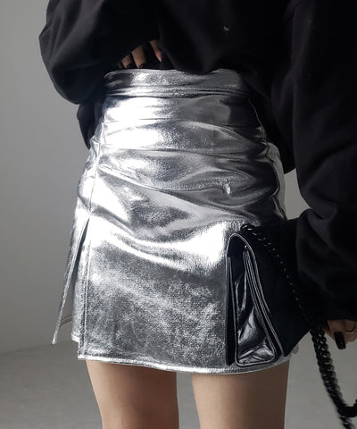 【 ３color ／４size 】３タックメタリックスリットハイウエストタイトミニスカート ／ three tuck metallic slit highwaist tight mini skirt