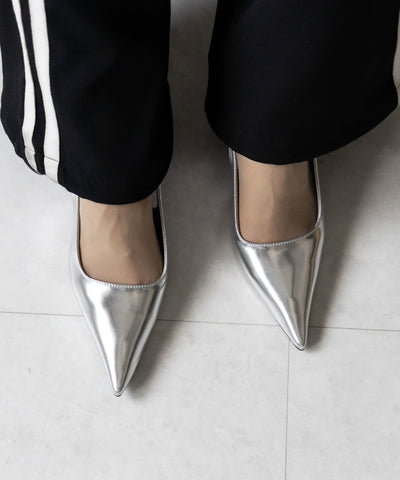 【 ２color 】ポインテッドトゥチャンキーヒールメタリックミュール ／ pointed toe chunky heel metallic mules