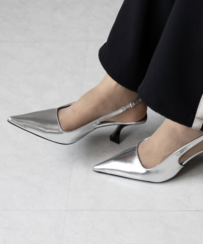 【 ２color 】ポインテッドトゥチャンキーヒールメタリックミュール ／ pointed toe chunky heel metallic mules