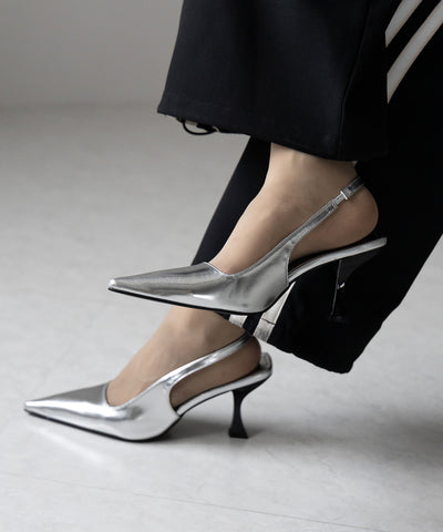 【 ２color 】ポインテッドトゥチャンキーヒールメタリックミュール ／ pointed toe chunky heel metallic mules