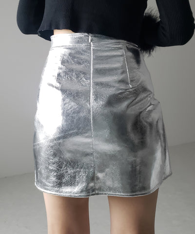 【 ３color ／４size 】３タックメタリックスリットハイウエストタイトミニスカート ／ three tuck metallic slit highwaist tight mini skirt